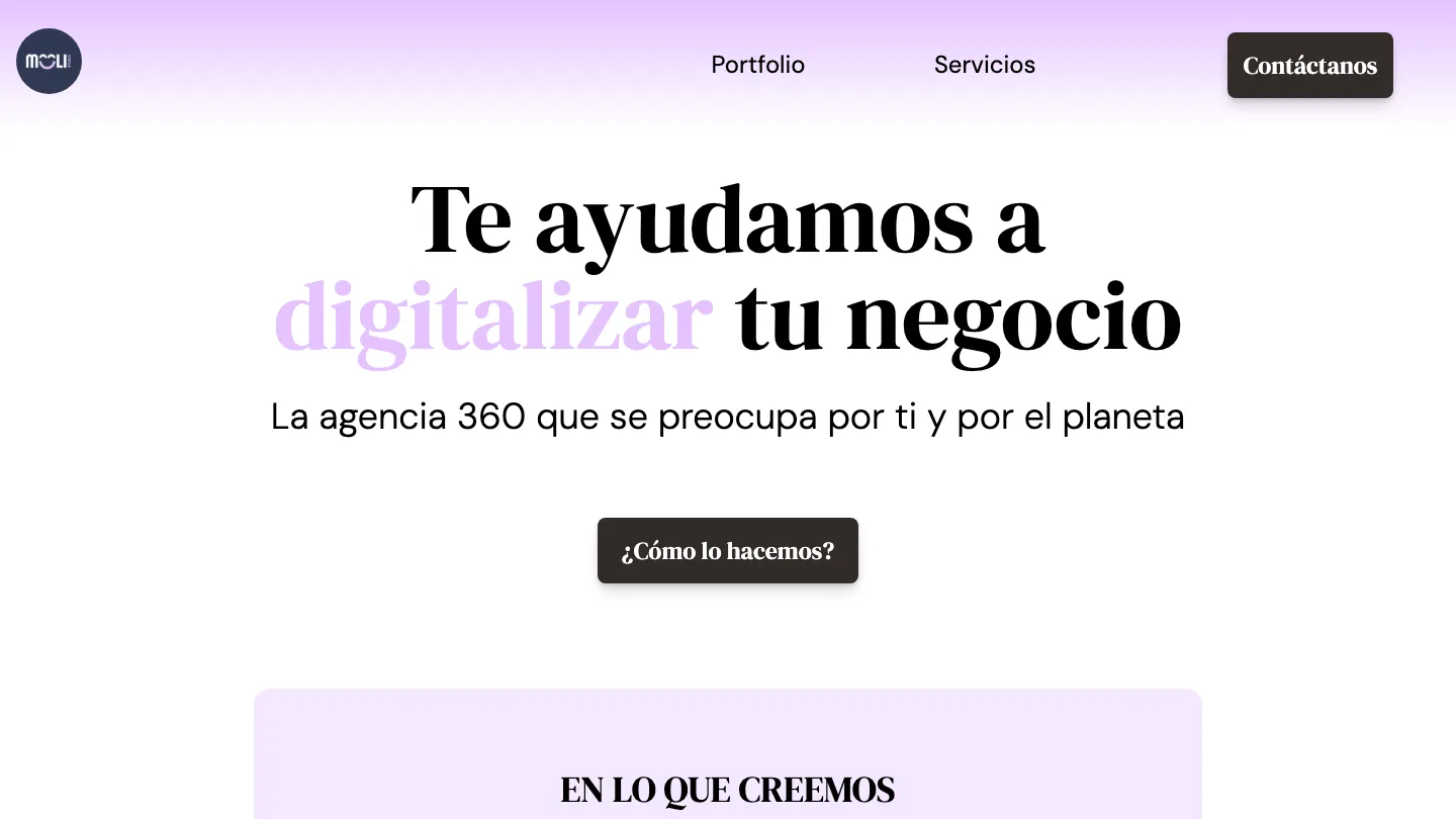 Portada de molicreativestudio.com: titular «Te ayudamos a digitalizar tu negocio» sobre fondo claro con degradado lila