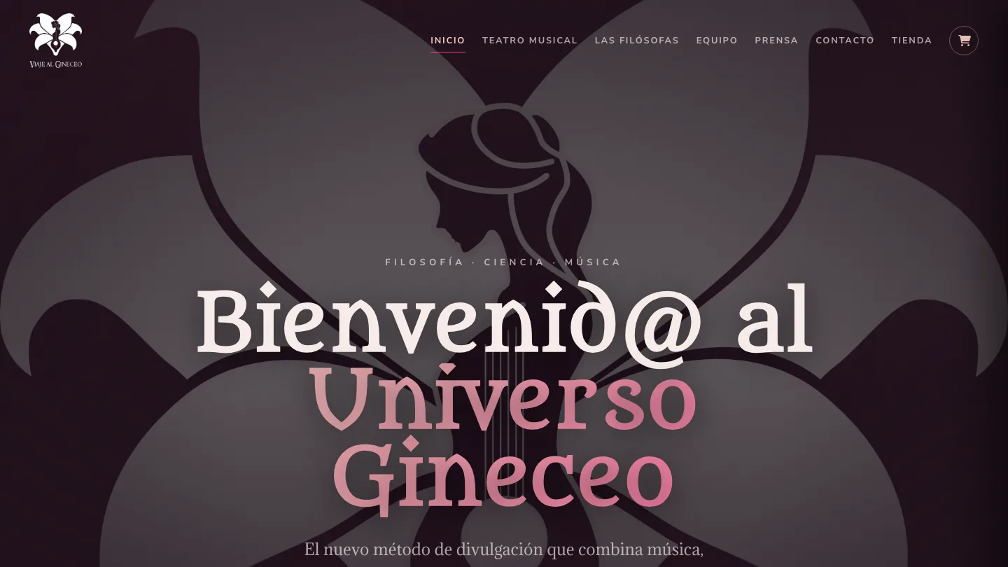Portada de viajealgineceo.com: titular «Bienvenid@ al Universo Gineceo» sobre una flor estilizada en tonos burdeos y rosa