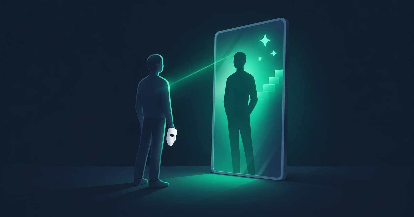 Silueta con una máscara en la mano ante un espejo donde su reflejo, rodeado de luz verde, sube unas escaleras con estrellas